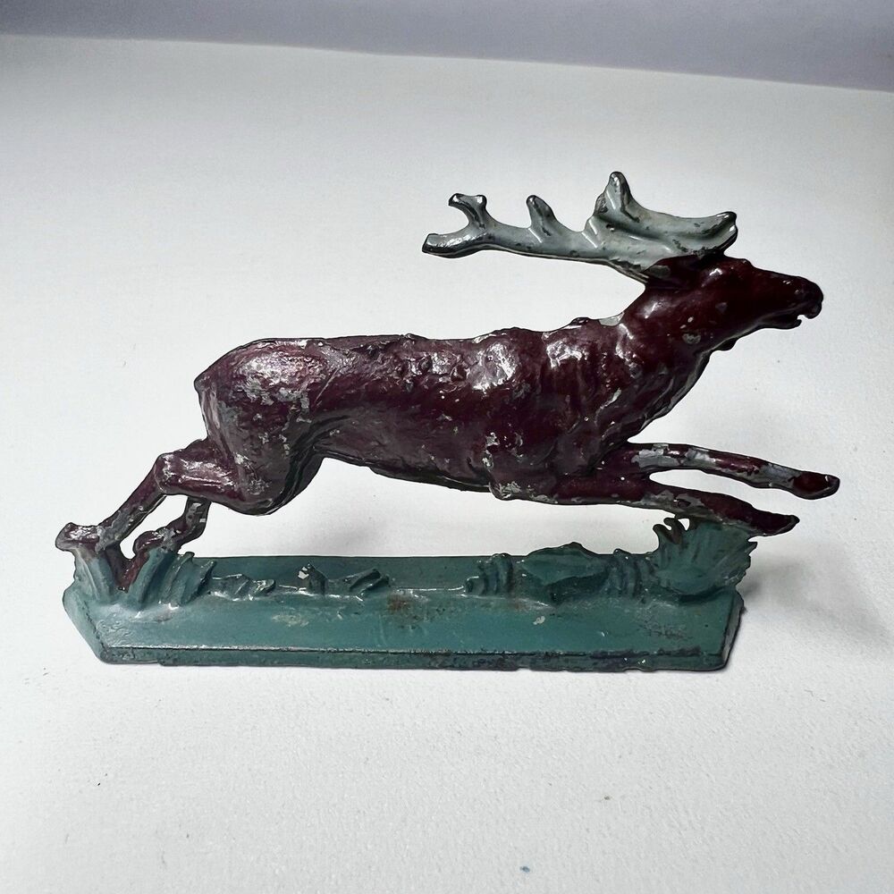 Vintage Lead Cast Metal Running Stag Deer Figurine Green Base Dimestore Putz Toy